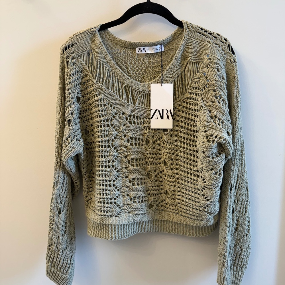 Zara 6771/613 Open Knit Sweater round neckline long sleeves Khaki